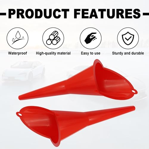 2 Pieces Automotive Plastic Oil Funnels with Long Neck Multi-Function No Spill Design for Gas Coolant Transmission Fluid Engine Oils Fuel Lubricants and Diesel (Red) - color: red