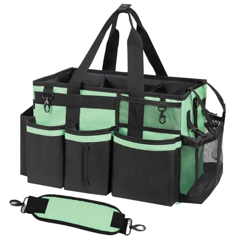 SCAVATA Wearable Cleaning Caddy, Cleaning Caddy Supplies Organizer with Handle & Shoulder Straps for Housekeepers, Under Sink & Car Cleaning Tool Organizers Bag with 4 Foldable Divider (MintGreen) - color: MintGreen