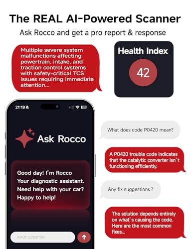 Rocco OBD2 Scanner Bluetooth for iOS Android, AI Diagnostic Tool for Car Buying Repair, No Subscription Fee, AutoVIN, 45000+ Fault Codes, Check & Clear Engine Codes, Real-Time Data, Vehicles 1996+ - color: Red