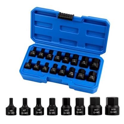 KEILEOHO 16PCS 3/8 Inch Drive Low Profile Impact Hex Driver Set, SAE/Metric Stubby Bit Socket Set (1/4" - 3/4", 6-19mm), Cr-Mo Steel, For Impact Wrench, Automotive, Mechanical Repair