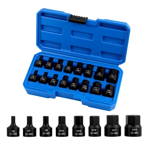 KEILEOHO 16PCS 3/8 Inch Drive Low Profile Impact Hex Driver Set, SAE/Metric Stubby Bit Socket Set (1/4" - 3/4", 6-19mm), Cr-Mo Steel, For Impact Wrench, Automotive, Mechanical Repair