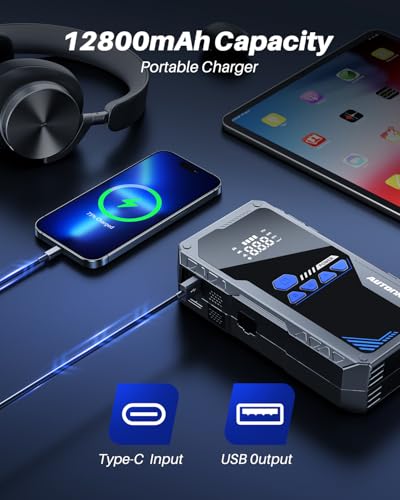AUTOONE 6000A Jump Starter with Air Compressor (All Gas/10L Diesel), 150PSI Car Jumper Starter Portable, Jump Box Tire Inflator with LED Flashlight, LCD Display, Storage Case - size: With Inflator 6000A