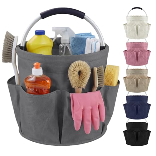 Cleaning Caddy with Handle, 17L Cleaning Supplies Organizer, Grey | 600D Oxford Fabric Storage Basket with 6 Pockets, Multifunctional Bucket Bag for Picnics, Camping, Gardening, Bathing - color: Grey