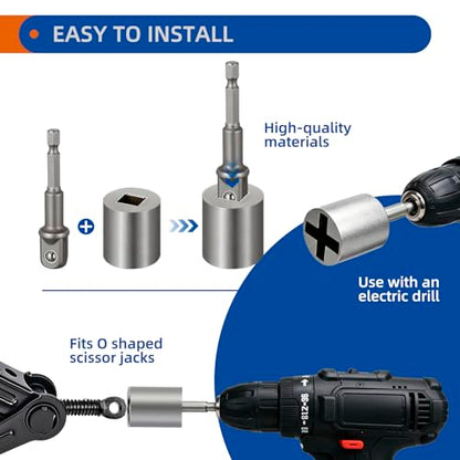 3Pcs Scissor Jack Adapter Set for Car, Heavy Duty Universal Jack Socket Adapter for Hand Drill Scissor Car Jacks with a 1/2 in Socket Adapter Bit for 1/2 in Impact Wrench or 13/16 in Lug Wrench