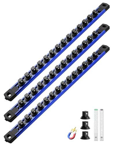 ALOANES Magnetic Socket Organizer Set, 3-Piece Heavy Duty Aluminum Socket Rails, 360° Swivel Clips Socket Rail Kit for Tool Tray Drawer Fit 3/8-Inch x 42 Clips (Blue, 3PC) - color: Blue, size: 3PC, 3/8-Inch Drive