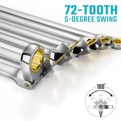 DURATECH Extra Long Anti-Slip Flex-Head Ratcheting Wrench Set, Metric | Double Box End Wrench Set, CR-V Steel, 8x9mm, 10x11mm, 12x13mm, 14x15mm, 16x18mm, 17x19mm, with Pouch - size: 8-19mm set