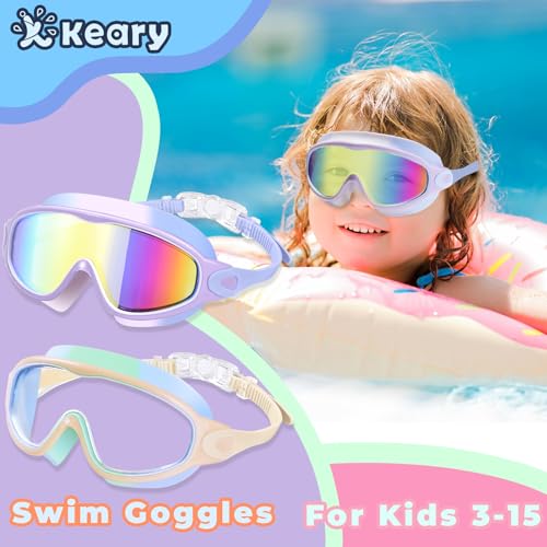 Keary 2 Pack Kids Swim Goggles for 3-15 UV Protection Anti-Fog Pool Water Swimming Goggles for Boys Girls Youth Toddler - color: Lavender Mirrored & Beige Mint