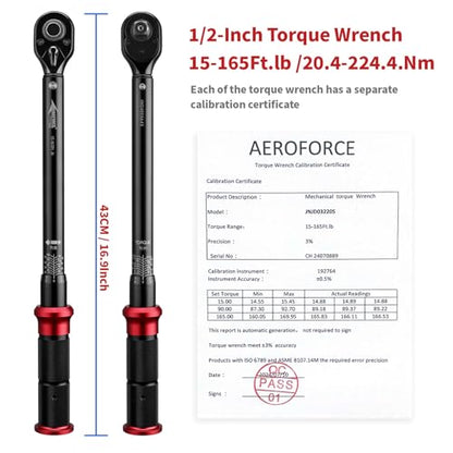 AEROFORCE 1/2-Inch Drive Torque Wrench（15-165 lb.ft / 20.4-224.4 Nm),72 Tooth Dual Direction Reversible Ratchet, Dual Range Scales, Precision Calibrated for Bike, Motorcycle and Car Repair - size: 1/2", style: 15 - 165 lb-ft