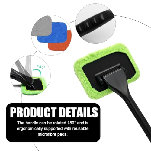Car Windshield Cleaning Tool, Microfiber Auto Window Cleaner with 4 Cloth Pads & Long Handle, Reusable Window Cleaning Tool Kit for RV SUV Truck, Car Accessories (Green) - color: Green+Gray+Blue+Orange