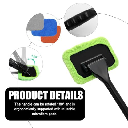Car Windshield Cleaning Tool, Microfiber Auto Window Cleaner with 4 Cloth Pads & Long Handle, Reusable Window Cleaning Tool Kit for RV SUV Truck, Car Accessories (Green) - color: Green+Gray+Blue+Orange
