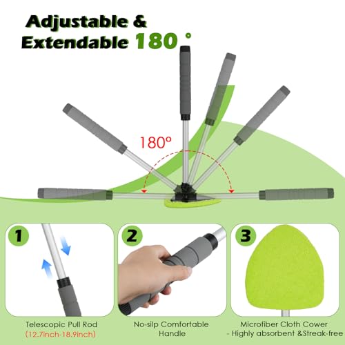 7PCS Windshield Cleaner Tool, Car Windshield Cleaner Tool+Side Mirror Squeegee +3 Microfiber Pads+100ml Spray Bottle+1 Detailing Brush,12-19inches Extendable Handle,180° Rotation