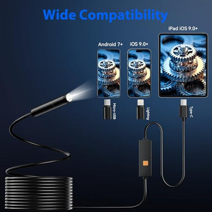 Endoscope Camera with Light, 1920P HD Borescope Tools with 8 Adjustable LED Lights, 9.8FT Semi-Rigid Snake Cord IP67 Waterproof Inspection Camera for iPhone, iPad, iOS and Android Phone - size: 9.8FT, style: Single Lens
