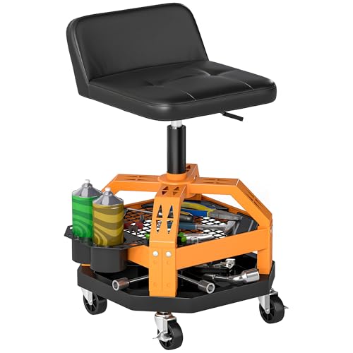 HOMCOM Rolling Mechanic Stool 300 LBS Capacity, Backrest 360° Wheels Yellow | Pneumatic Creeper Garage Stool, Heavy Duty Roller Seat, Padded Shop Chair, Tool Tray Storage, Adjustable Height - color: Yellow