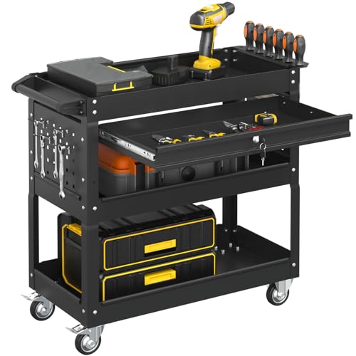 3-Tier Tool Cart on Wheels, Heavy-Duty Metal Tool Cart with Lockable Drawer, 400 LBS Capacity Mechanic Utility Cart for Garage & Workshop (Black) - color: Black