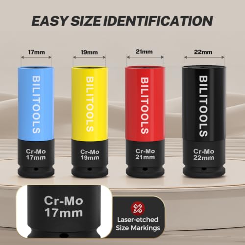 BILITOOLS 17mm Lug Nut Socket, 1/2" Drive Thin Wall Impact Socket | Non-Marring Sleeve, 6-Point Cr-Mo Wheel Socket for Tire Changes, Rims and Auto Repair - size: 17MM
