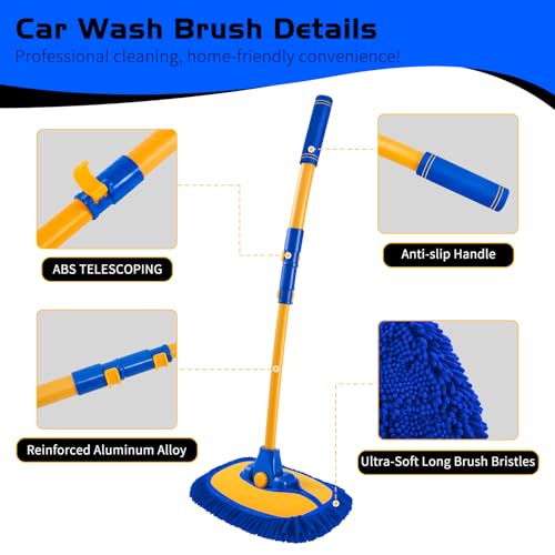 Ordenado 15°Curved Car Wash Brush with Long Handle, 43" Car Cleaning Brush with Extension Pole, Microfiber RV Wash Mop Scratch-Free, Exterior Washer Mop for Washing Roof Truck Camper SUV Caravan Blue - color: Blue and Yellow