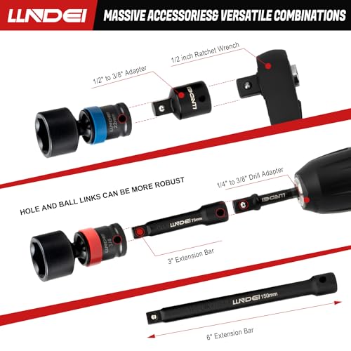 LLNDEI 27Pcs 3/8" Drive Swivel Impact Socket Set, CR-MO Swivel Socket Set Metric(8-22mm)& SAE(5/16-3/4),6 Point Wobble Socket Set with Ratchet Wrench, Extension Bar and Adapters. - size: 27Pcs 3/8" Swivel Socket Set S&M