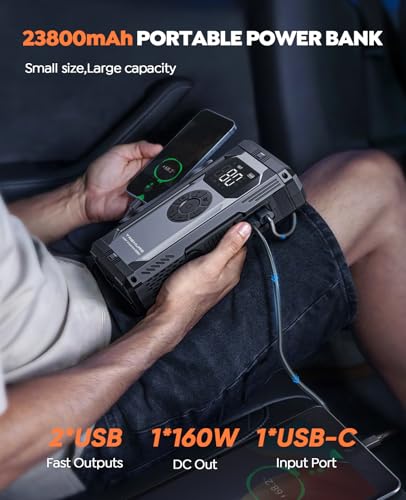 TREKURE 8-in-1 Jump Starter with Air Compressor 6000A 150PSI Portable Car Battery Jump Starter (All Gas/10L Diesel), 12V Jump Box Car Battery Jumper Starter Portable with Jumper Cables, Lights