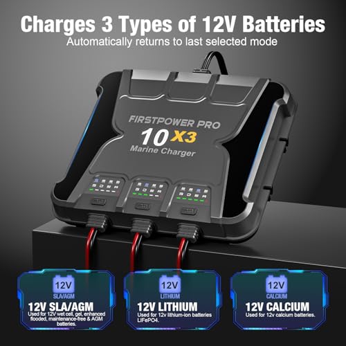 Upgraded 3 Bank Marine Battery Charger 10X3, 30A (10A/Bank) - 12V Waterproof Onboard Battery Charger, Battery Maintainer & Desulfator for SLA/AGM, Lithium (LiFePO4), Calcium & Deep-Cycle Battery - size: 3 Bank(30A)