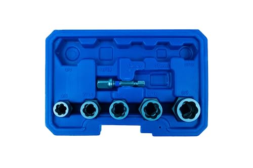 Century Drill & Tool 6 Piece Bolt Extractor Set 73425; securely grips damaged bolts and fasteners, impact ready socket adapter included - size: 6 Piece
