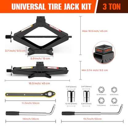 Universal Scissor Jack 3 Ton, Portable Car Jack Kit 3 Ton with Lug Wrench, Heavy Duty Tire Changing Kit, Emergency Lifting Jack for Car SUV ATV