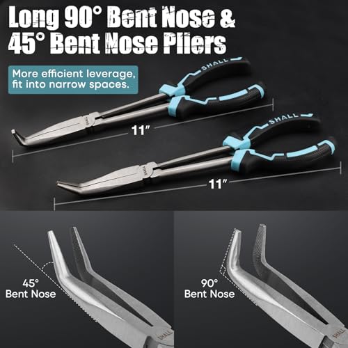 SHALL 3 PCS Long Needle Nose Pliers Set, 11" Long Nose Plier, 90° & 45° Bent Nose Pliers, Roll Up Storage Pouch Included, Two-Color TPR Handle, for Car Repair/House Work