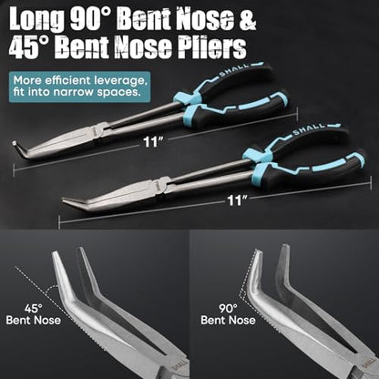 SHALL 3 PCS Long Needle Nose Pliers Set, 11" Long Nose Plier, 90° & 45° Bent Nose Pliers, Roll Up Storage Pouch Included, Two-Color TPR Handle, for Car Repair/House Work
