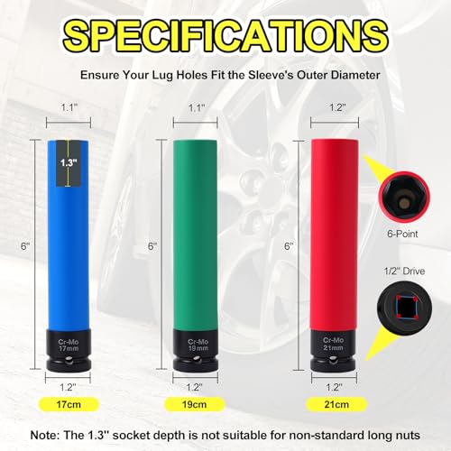 1/2"Drive Impact Lug Nut Socket Set, 3PC 17/19/21mm Thin Wall | Extra Long 6" Non-Marring Thin Wall Wheel Nut Sockets - Metric Deep Sockets for Safe Tire & Rim Protection - size: 3PCS-Metric(17/19/21mm)