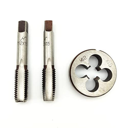 AtticZone M12 x 1.5 Metric Hand Thread Tap and Die Set, Right Hand 12 * 1.5, Alloy Tool Steel, 1 Taper Tap, 1 Plug Tap, 1 Round Die for Metal Working DIY Industrial - size: M12x1.5