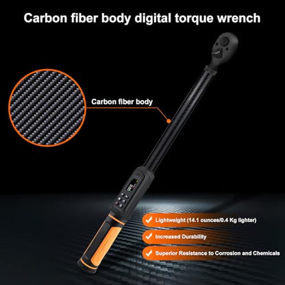 Uharbour Digital Torque Wrench 1/2 Drive with Carbon Fiber Body, 2.2-147.5 Ft.lb Range, ±1% Accuracy with Vibration, Buzzer and LED Alert, Suitable for Car, Motorcycle and Bicycle - size: 1/2" Drive 2.2-147.5 ft.lbs (Carbon fiber tube)