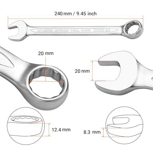 Jetech 20mm Combination Wrench - Industrial Grade, Chrome Vanadium Steel, Sand Blasted Finish, 12-Point Design, 15-Degree Offset, Forged, Heat-Treated, Metric - size: 20mm