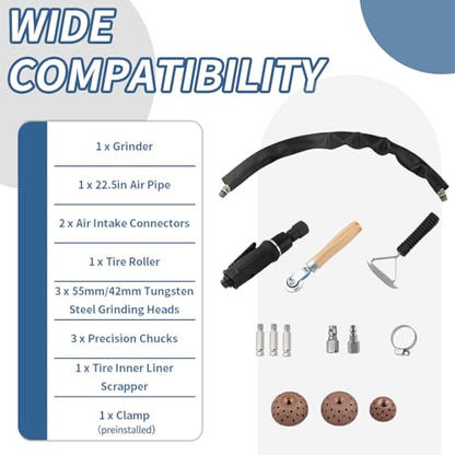 Tire Repair Set Air Tire Repair Polish Patch Tool 2500rpm Low Speed Air Tire Buffer Tire Inner Liner Scrapper Patch Roller 3pcs Tungsten Steel Buffing Wheel 42mm 55mm