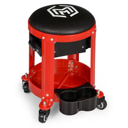 M-AUTO Rolling Workshop Mechanic Stool Creeper Seats with Tool Storage Drawers and Can Holders, 300LbS Garage Rolling Toolbox Stool with Wheels, Work Rolling Stools for Shop or Garage, Red
