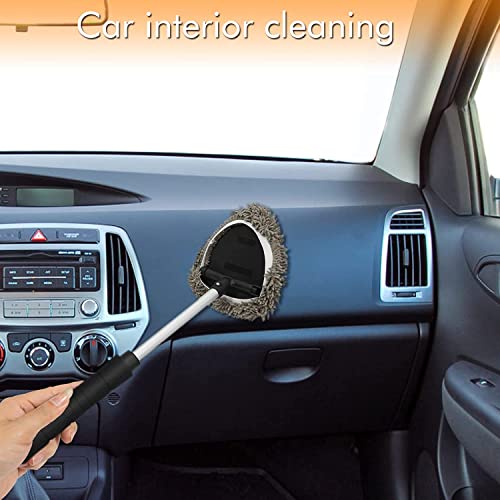 JOYFUL&HOPEFUL Car Windshield Cleaning Tool, Car Inside Window Cleaner Tool with Extendable Handle, 3pc Microfiber and 2pc Chenille, Car Interior Cleaner Tool Anti Fog, Streaks Free - size: 19 inch-Microfiber