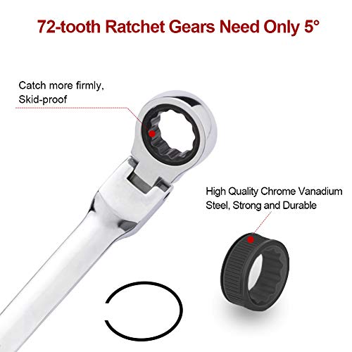 BULLTOOLS 6-Piece Flex-Head Extra Long Ratcheting Wrenches Double Box End Chrome Vanadium Steel 72-Tooth Wrench Set with Metric 8mm - 19mm - size: 8mm-19mm SET