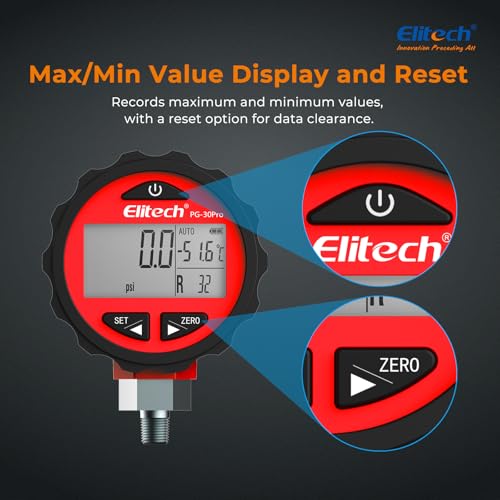 Elitech PG-30Pro Refrigeration HVAC Digital High Pressure Gauge 87 Refrigerants-14.5-800 PSI 1/8'' NPT - size: -14.5-800 PSI, style: 1/8'' NPT