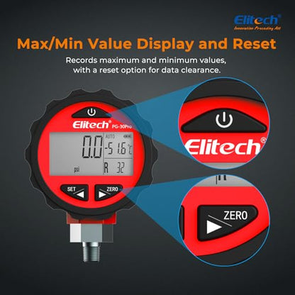 Elitech PG-30Pro Refrigeration HVAC Digital High Pressure Gauge 87 Refrigerants-14.5-800 PSI 1/8'' NPT - size: -14.5-800 PSI, style: 1/8'' NPT