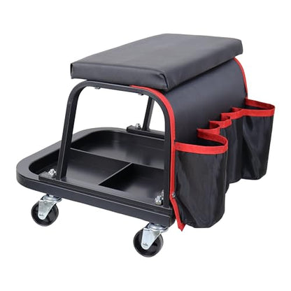 Rolling Mechanic Garage Stool on Wheels with Padded Cushion, Tool Tray Storage and Side Pockets, 300 LBS Capacity, Black - color: Black