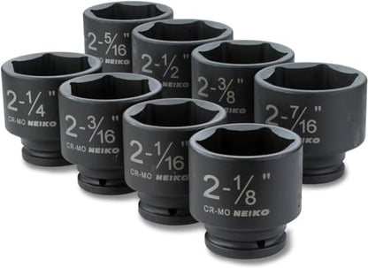 NEIKO 02392A 3/4" Impact Socket Set, 3/4” Drive, 8 PC Jumbo Sockets, SAE Standard Sizes 2-1/16 Inch to 2-1/2 Inch, Chrome-Moly Cr-Mo Steel