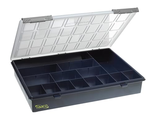 Raaco Assorter 4-15 Tool Box Organizer, 15-Slot Small Parts & Hardware | Full-Size, 15 Slots Fixed Grid with Semi-Transparent Lid, Polypropylene (PP) Storage Box for Screws, Nuts and Bolts, workshop - size: Full-Size –15 Slots, style: Fixed Grid