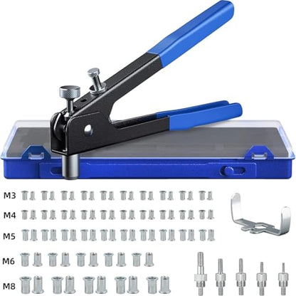 86Pcs Hand Rivet Tool Nut Setter Kit, Thread Blind Riveting Tools, Wrench Nut Sert, Riveter Threaded Insert Tool with Metric Rivet Nuts Assortment M3 M4 M5 M6 M8