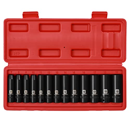 MIXPOWER 13 Pieces 3/8-Inch Drive Deep Impact Socket Set, 7mm to 19mm, CR-V, Metric, 6 Point, Deep, 13 Pieces 3/8" Dr. Socket - size: 9/32" - 3/4" (Deep)