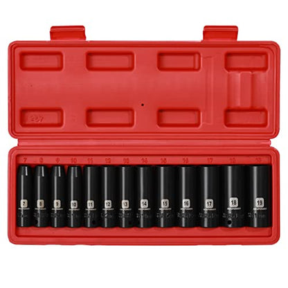 MIXPOWER 13 Pieces 3/8-Inch Drive Deep Impact Socket Set, 7mm to 19mm, CR-V, Metric, 6 Point, Deep, 13 Pieces 3/8" Dr. Socket - size: 9/32" - 3/4" (Deep)