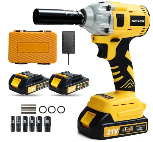Cordless Impact Wrench 258Ft-lb (350N.m), Electric Driver for Car Tires and Home,1/2" Impact Gun with 2 Batteries and 6 Sockets, Yellow BS - color: Yellow
