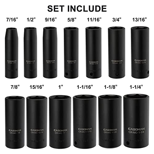 CASOMAN 1/2-Inch Drive Deep Impact Socket Set, 13 Pieces Set, 7/16"-1-1/4", CR-MO, SAE, Heavy Duty Storage Case - size: DEEP(CR-MO)