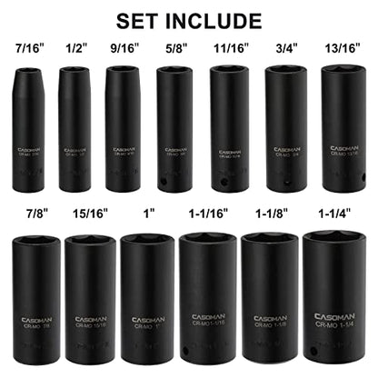 CASOMAN 1/2-Inch Drive Deep Impact Socket Set, 13 Pieces Set, 7/16"-1-1/4", CR-MO, SAE, Heavy Duty Storage Case - size: DEEP(CR-MO)