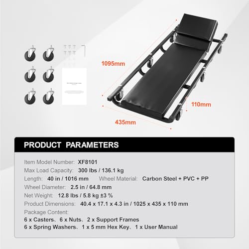 Happybuy 40 - Inch, 300 lbs Capacity Mechanic Garage Creeper, Automotive Rolling Creeper with 6 Casters and Adjustable Cushioned Headrest, Heavy Duty Steel Frame Low Profile for Garages, Repair Shops