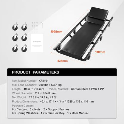 Happybuy 40 - Inch, 300 lbs Capacity Mechanic Garage Creeper, Automotive Rolling Creeper with 6 Casters and Adjustable Cushioned Headrest, Heavy Duty Steel Frame Low Profile for Garages, Repair Shops