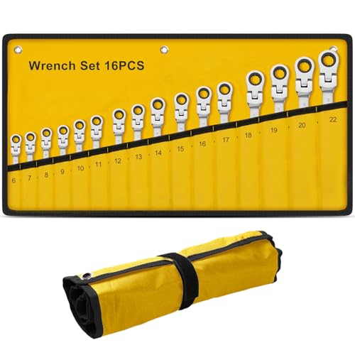 SmarketBuy Ratcheting Wrench Set 16 Pcs, Multifuctional Combination Ended Spanner Kit Metric 6-22MM Chrome Vanadium Steel Flex-Head Ratchet Wrenches with Carrying Bag