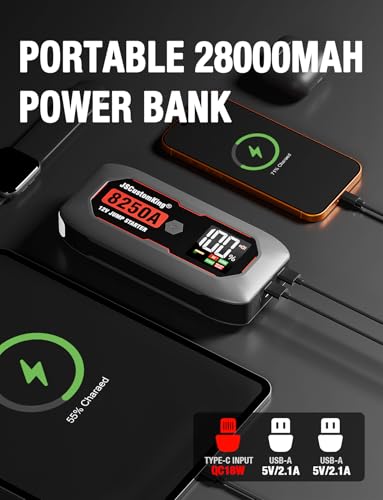 8250A Jump Starter Battery Jump Starter Battery Pack (for All Gas or 10.0+L Diesel), 12V Potable Heavy Duty Car Jump Start with 3.2 inch HD Screen, 2 USB Power Bank 48-Months Stand-by Time